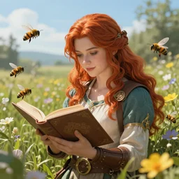 An epic fantasy comic book style portrait painting of a young red headed girl reading a book in a field of flowers surrounded by bees, unreal 5, DAZ, hyperrealistic, octane render, cosplay, RPG portrait, dynamic lighting