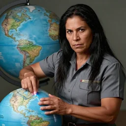 epic portrait of slightly muscular indigenous visionary sheila wattcloutier serious wearing short sleeved instructor uniform laser pointing on globe, blueprint, detailed, artstation, concept art, donato giancola, joseph christian leyendecker, wlop, boris vallejo, dark eyes, highest resolution, extremely detailed beautiful, establishing shot, artistic, hyperrealistic, beautiful face, enhanced hands, octane render