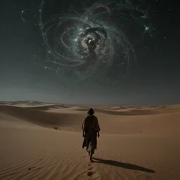 cult walking through a desert plateau, fantasy art, dimly lit, fractal sky, horror