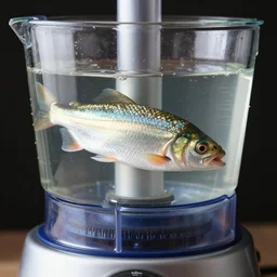 fish swimming in a food processor, photorealistic, high detail