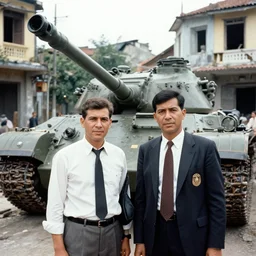 a photo of a two mans posing in front of tank in destroyed vietnamese city, us journalism ministry photo, 1 9 6 9, color photo, perfect faces, fine details, fim still