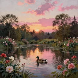 a painting of a duck pond at sunset, surrounded by flower bushes, a detailed matte painting by Robert S. Duncanson, deviantart, hudson river school, terragen, pink clouds, trending on artstation
