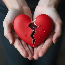 a hand holding a broken heart with tears