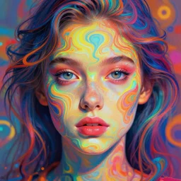 girl portrait by greg rutkowski and charlie bowater, vivid, aesthetic, fine details, colorful swirly ripples, gaudy colors, luminescent, organic matte painting, realistic eyes, masterpiece, busy background, bokeh, depth of field