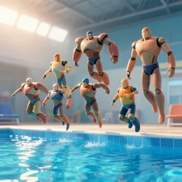 a group of androids about to jump in a swimming pool ultra realistic, lens flare, atmosphere, glow, detailed, intricate, full of colour, cinematic lighting, trending on artstation, 4 k, hyperrealistic, focused, extreme details, unreal engine 5, cinematic, masterpiece, ultra realistic, hyper realistic, highly detailed, sharp focus, digital art
