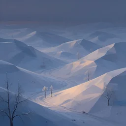 winter evenings in the low - poly hills, diffuse lighting, intricate, surrealism!!!!!!!, highly detailed, lifelike, photorealistic, digital painting, artstation, illustration, surreal concept art, smooth, sharp focus, by greg rutkowski, chris tulloch mccabe, valentina remenar and asher duran,
