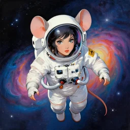 an anthropomorphic rat woman with large rat ears and a tail. she is dressed as an astronaut, floating in space, no helmet. trippy background space nebula colors. well composed, clean elegant painting, beautiful detailed face. comic book art by steve ditko and jack kirby and ( alphonse mucha )
