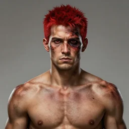 portrait, 30 years old man :: red hair :: burned face, grimy, rough, shirtless :: high detail, digital art, RPG, concept art, illustration