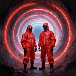 two scientists wearing red rick owens hazmat suits in a glowing neon wormhole tunnel by frank frazetta
