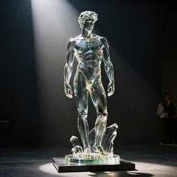 a statue of a beautiful young fit man made of transparent glass, on a pedestal, by philippe starck and victoria hagan, cinematic lighting, sunrays from above, detailed digital photography by rutkovski and beksinski, masterpiece, gorgeous, 4 k