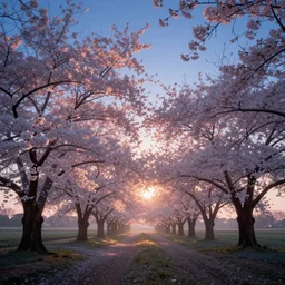 masterpiece ephemeral field of cherry blossom trees, heavenly glow, soft focus, surreal photography, sunrise, blue sky, dramatic light, photo manipulation, hdr, digital painting, greg hildebrandt