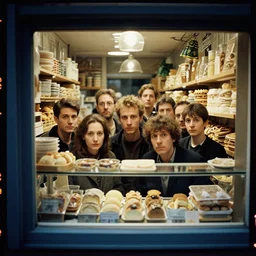 kodak portra 4 0 0, muted colours 1 9 3 0 s portrait of a deep view inside a french bakery by saul leiter, a bunch of people stare into the camera, insanely detailed, insanely intricate, depth of field