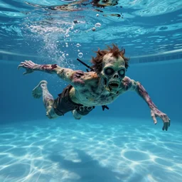 highly detailed full body portrait of a zombie swimming underwater in a zombie - apocalypse, in a swimming pool, by stephen bliss, octane render