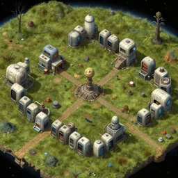 offset overhead view of a small colony, with buildings made from modular capsules, on an alien grassland, on an alien planet, from a space themed point and click 2 d graphic adventure game, set design inspired by hg giger and ridley scott, art inspired by thomas kinkade