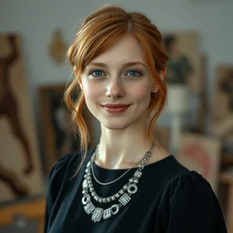 a portrait photograph of a smug young woman painter in her studio, wearing a black dress and silver necklace, copper hair, dof, sharp focus, slight smile, pale, highly detailed face, symmetric face, 4 k, cinestill 8 0 0 t, exif, raw, photography by andreas franke