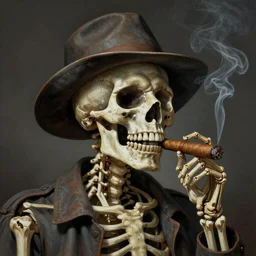 skeleton painter wearing a hat and smoking a cigar, hyperrealism, photorealistic art, digital arts, intricate details and composition, surreal colors, 4 k, 8 k, artstation