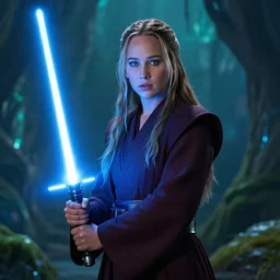 jennifer lawrence as a jedi with a blue lightsaber in an ancient bioluminescent forest, new star wars movie poster from lucas arts, perfect symmetrical face, full moon, moody lighting, 8 k, shallow depth of field, intricate detail,