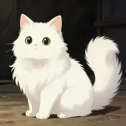 bunny-cat hybrid with long curly white fluffy fur and extra long tail, by Hayao Miyazaki