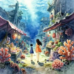 incredible anime movie scene, watercolor, underwater market, coral, harsh bloom lighting, rim light, abandoned city, paper texture, movie scene, caustics shadows, deserted shinjuku junk town, old pawn shop, bright sun bleached ground, pipes, yellow dragon head festival, robot monster in background
