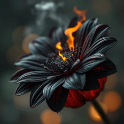 close up, hyper realistic charcoal flower with fire texture on the petals, beaultiful background, bokeh, illustrated by greg rutkowski, beautiful volumetric lighting, intricate, ultra detailed, photorealistic, trending on artstation, octane render, 8 k