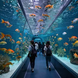 people observing lots of beautiful fish in an underground aquarium corridor, fantasy art, water droplets, highly detailed, artstation trend, highly detailed and intricate, sharp focus, photography, unreal engine 5