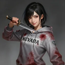a highly detailed illustration of black short hair cute japanese girl wearing blood stained hoodie with the word nevada on it, dramatic smile wielding knife pose, intricate, elegant, highly detailed, centered, digital painting, artstation, concept art, smooth, sharp focus, league of legends concept art, WLOP