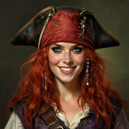 portrait of a young ruggedly beautiful but joyful pirate, female, femenine, upper body, red hair, long hair, d & d, fantasy, piercing eyes, intricate, elegant, highly detailed, digital painting, artstation, concept art, matte, sharp focus, illustration, art by artgerm and greg rutkowski and alphonse mucha