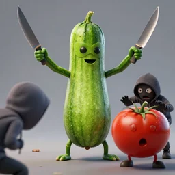 detailed 3 d render of a masked zucchini character with arms and legs throwing knives after a frightened tomato burglar, hyper realistic octane render, cinematic lighting, deviantart, frame from independent movie