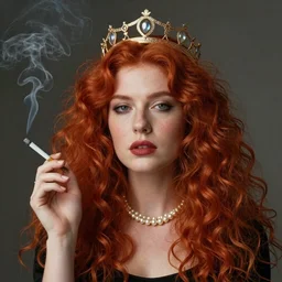 portrait of a woman with voluminous red hair, wearing a simple crown and a pearl necklace, ( smoking a cigarette ), by donato giancola and nikolay makovsky.