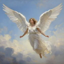 realistic painting of a magical angel flying in the sky by michael whelan, ultra realistic, 8 k, trending on artstation, octane renderer, mesmerizing, aesthetic, beautiful