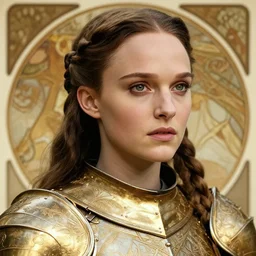 head and shoulders portrait of a female knight, young natalie portman, golden etched armor, lord of the rings, eldritch, by artgerm, alphonse mucha, face detail, braided hair, etched breastplate, sharp focus, high key lighting, vogue fashion photo