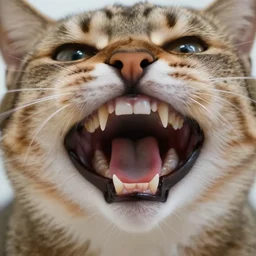 cat with mouth open showing rows of real human teeth inside, highly detailed