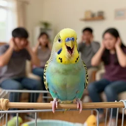 budgie screaming wildly in its cage in the room, people in the room plugging their ears