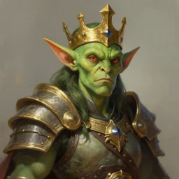half - length portrait of a goblin warrior. green skin, gold crown, noble. fantasy, digital painting, hd, highly detailed.