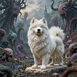 a ginat statue of a samoyed in an eldritch apocalyptic landscape covered in monstrosities by bekinski, fantasy art, 4k, HDR, photorealistic, 8k, trending on artstation