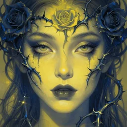terror of the deep, ominous ethereal portrait, fantasy, twisted rose thorn designs, elegant, highly detailed, sharp focus, vivid colors, symmetric eyes, art by artgerm, greg rutkowski, rossdraws and lois van baarle, yellow blue scheme