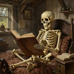 classic oil painting, a comfy skeleton that is reading a giant book, as a dnd character, inside a cluttered bedroom, cottagecore, highly detailed, digital illustration, concept art, smooth, sharp focus, art by tim hildebrandt, and greg hildebrandt