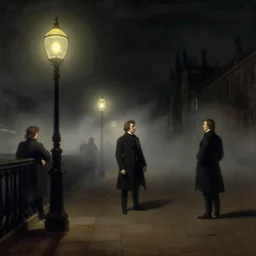 1 9 th century london, art by thomas lawrence, robert rubert and john martin, dark, night, gas lights, floor fog, coherent composition,