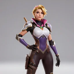Tracer from Overwatch, posing for a Portrait. Clean Backdrop. Dramatic Lighting. Stylistic Colors. Majestic Pose. Studio photography. 3-Point Lighting. Retouched. 4K HD Wallpaper. Premium Prints Available.