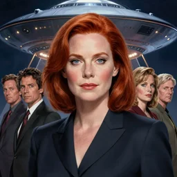 portrait of gillian anderson as dana scully, from x - files, with red hair and blue eyes. ufo in background. beautiful, lithe, suit. by anne stokes, luis royo, karol bak and larry elmore, beautiful woman, lucian freud and drew struzan, detailed matte painting, realistic portrait, symmetrical, highly detailed, digital painting, artstation, concept art, smooth, sharp focus, illustration, cinematic lighting, 8 k resolution
