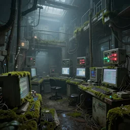 pov inside an abandoned research facility in a foggy environment with mossy computers, and colored lights on research equipment still functioning | intricate detail, microdisplacement, elaborate design, cgi, volumetric lighting, global illumination