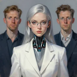 a bust portrait of a scientist android girl with silver hair wearing white suit and glasses by artgerm and wlop and krenz cushart and stephan martiniere, painterly