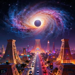 spiral galaxy with dramatic eclipse over futuristic aztec mayan city, infinite traffic, synthwave, bright neon colors, highly detailed, cinematic, tim white, vladimir kush, philippe druillet, roger dean, bob eggleton, michael whelan, tetsuro kimura, alfred kelsner, kubrick, jaroslaw jasnikowski