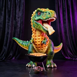 a waffle dinosaur barbecuing chewing gum. the drapes are a delicious in a neon 🌈 noir anachronism.