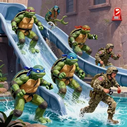 close - 3 ninja turtles zombie, ninja turtles escape and two military ( american uniform ) ran to sound the alarm and all the turtles began to descend the water slides,, 4 k,