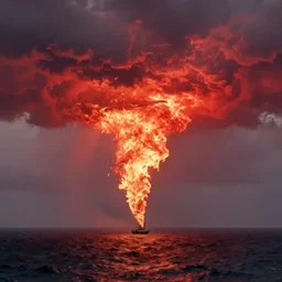 Digital art. Fire tornado in the open ocean. The stormy sky smoothly turning into the sea. ninth shaft. Small sailboat. Soft colors. Crimson tones, Scarlet tones.