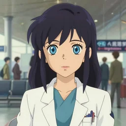 a full body portrait of a doctor disney style girl, blue eyes, finely detailed features, closeup at the faces, perfect art, in the airport yard, gapmoe yandere grimdark, trending on pixiv fanbox, painted by greg rutkowski makoto shinkai takashi takeuchi studio ghibli, akihiko yoshida,