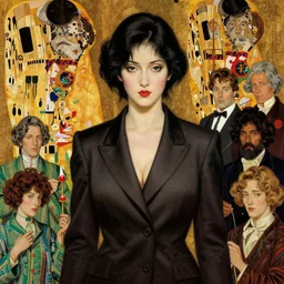 hyper realistic traditional japanese illustration of a woman in a blazer in the style of austin osman spare, wayne barlowe, gustav moreau, goward, gaston bussiere and roberto ferri, santiago caruso, bouguereau, klimt, saturno butto, sorayama. occult art, alchemical diagram