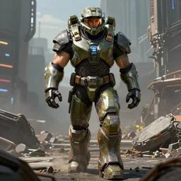 a big muscular body builder warrior in armor walking across a cyberpunk wasteland without a helmet, mjolnir mark 6 armor from halo infinite, attractive female face, symmetrical face details, ultra realistic, very highly detailed, 8K, octane, Digital painting, concept art, illustration, rule of thirds, sharp focus, facing camera, centered, good value control, realistic shading