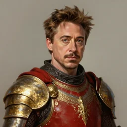robert downey jr portrait with medieval red and golden armor, medieval bowl haircut, highly detailed, digital painting, artstation, concept art, sharp focus, illustration by aleksi briclot, rutkowski